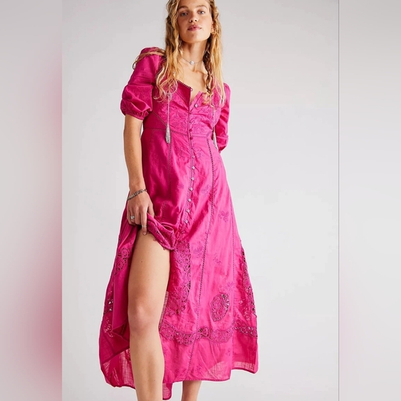 Free People Dresses & Skirts - Free People Lisa Lace Midi Dress in Hollyhock Pink